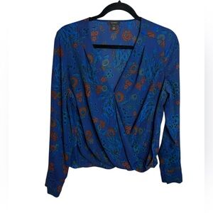Halogen Midnight Blue Floral Bohemian Faux Wrap Top